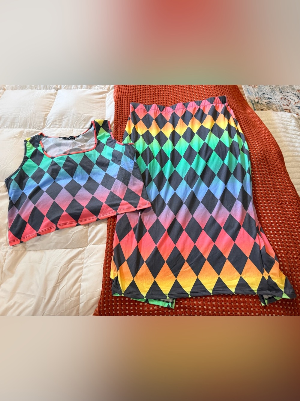 Multicolor Diamond-Print Midi Skirt - Vibrant Rainbow Harlequin